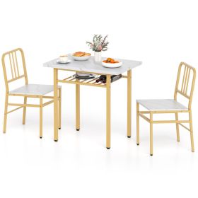 3-Piece Dining Table Set (White + Gold), Space-Saving Tuck-under Chair Design
