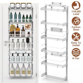 Over The Door Pantry Organizer 6-Tier Pantry Door Organizer Carbon Steel 110LBS Loading Easy Install Behind Door Storage For Closet Kitchen Bathr (Color: White)